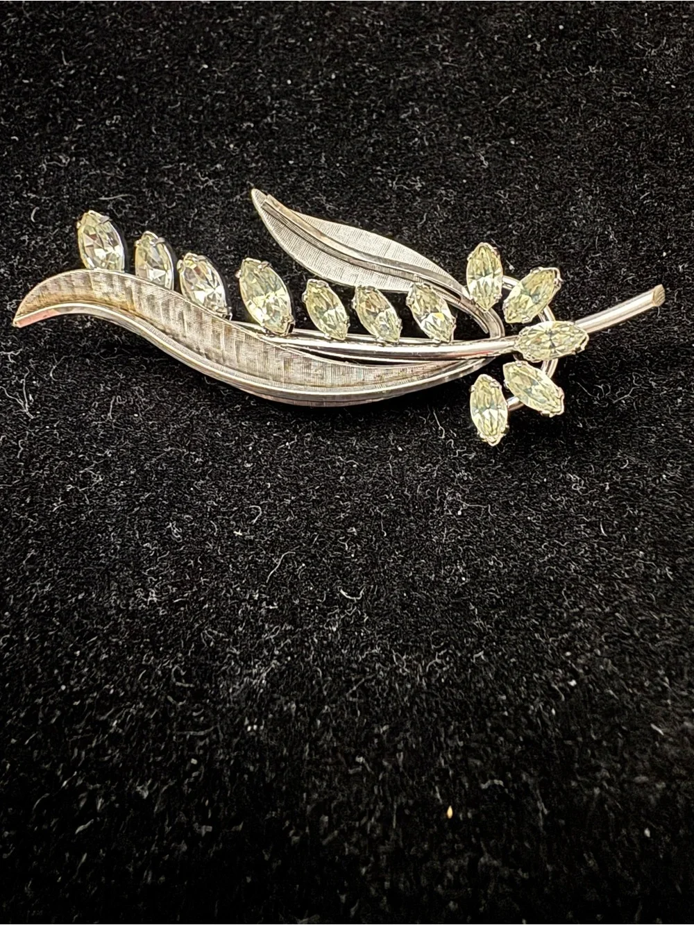 Vintage Kementz Leaf Brooch with Marquise Cut Rhinestones